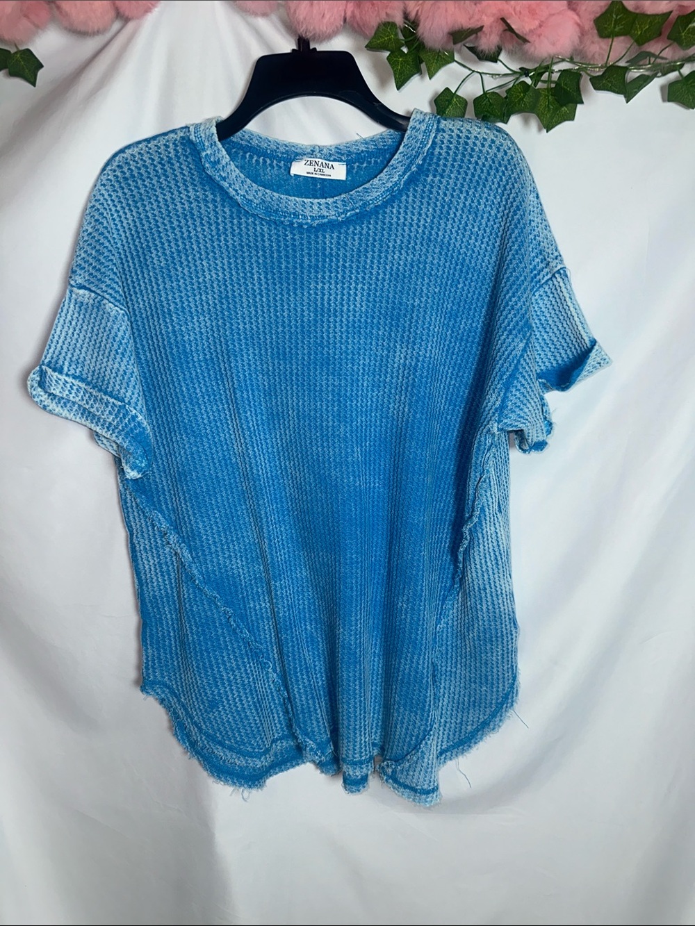 Zenana Blue Heathered Waffle Knit Top